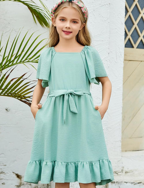 Arshiner Girls Dresses Kids Square Neck Ruffle Hem Belted Dress