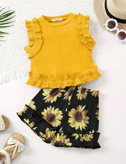 Arshiner Toddler Girls Clothes Ribbed Knit Ruffle Sleeveless Tops and Shorts with Pockets Cute Summer 2 Pieces Short Sets