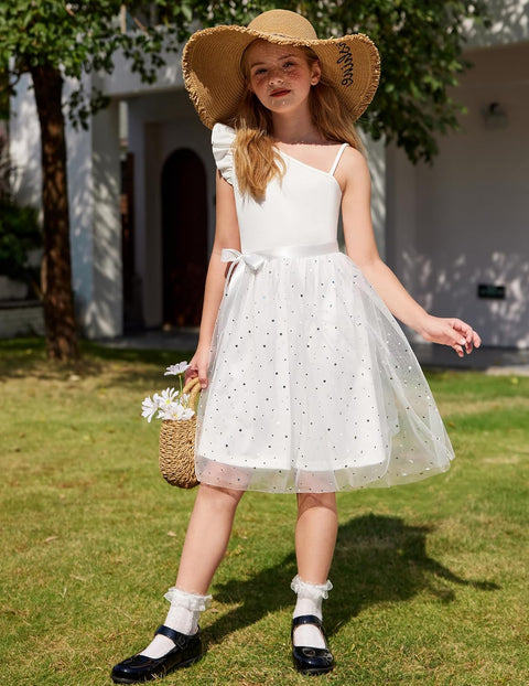 Arshiner Girls Dresses One Shoulder Ruffle Formal Tulle Dress