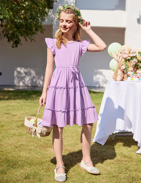 Arshiner Girl's Dress Ruffle Sleeve Tiered Dresses with Pockets 5-12 Years