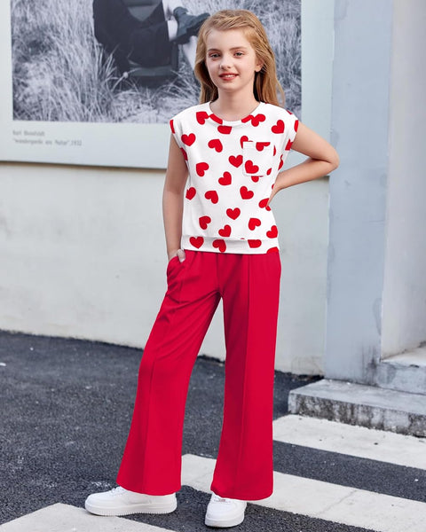【6-14Y】Arshiner Girls 2 Piece Sets Drop Shoulder Sleeve Top and Wide Leg Pants