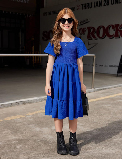Arshiner Girls Dress Boho Smocked Swing Flowy Ruffle Midi Dresses