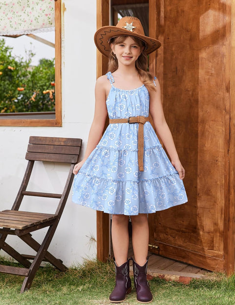 Arshiner Girls' Boho Spaghetti Strap Ruffled Tiered Dresses
