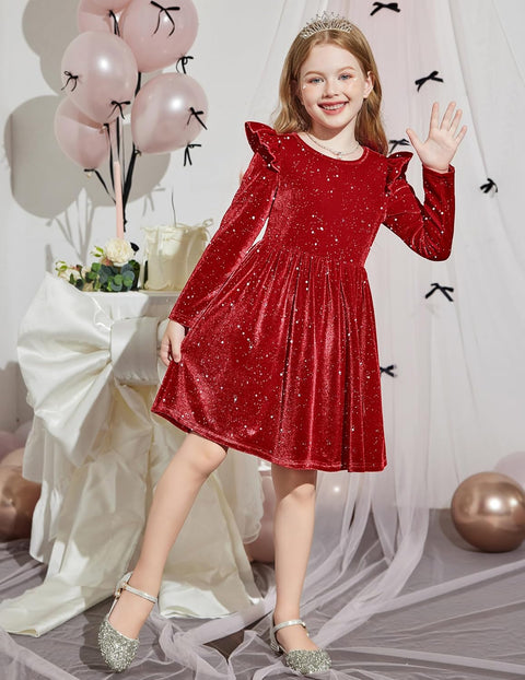 Arshiner Toddler Velvet Dress Little Girls Ruffle Dresses