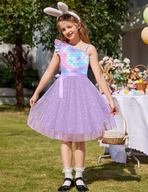 Arshiner Girls Dresses One Shoulder Ruffle Formal Tulle Dress