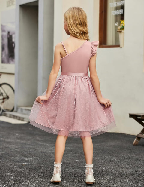 Arshiner Girls Dresses One Shoulder Ruffle Formal Tulle Dress
