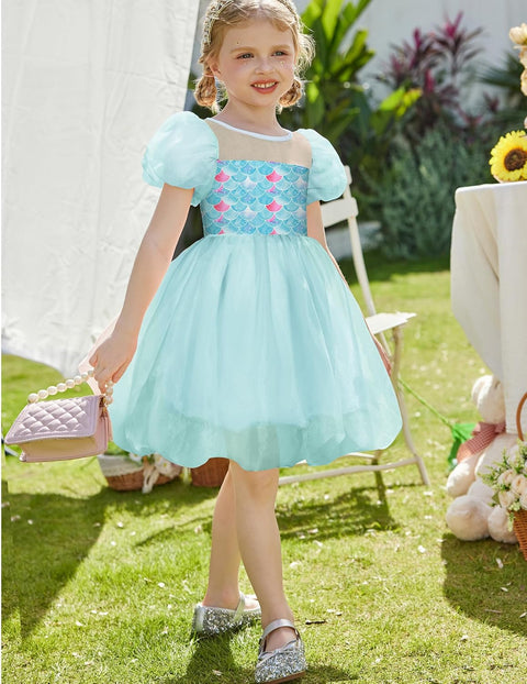 Arshiner Girls Dress Contrast Mesh Puff Flowy Bubble Hem Dresses