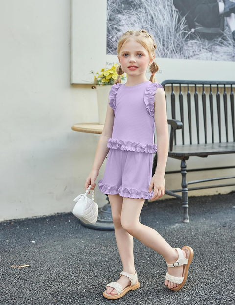 Arshiner Toddler Girls Clothes Ribbed Knit Ruffle Sleeveless Tops and Shorts with Pockets Cute Summer 2 Pieces Short Sets
