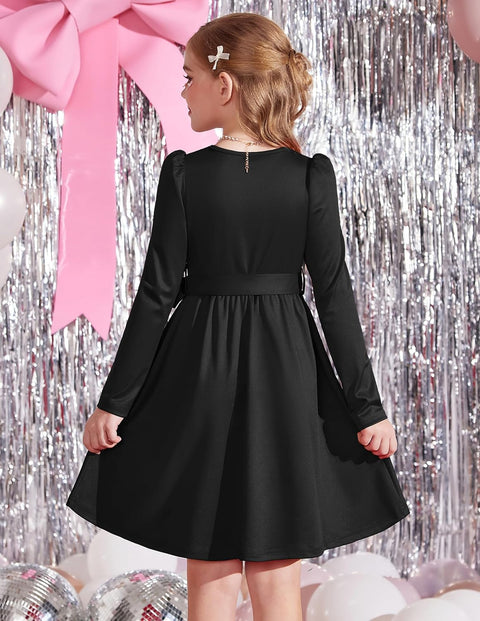Arshiner Girls Dresses Puff Long Sleeve Formal Belted Dress