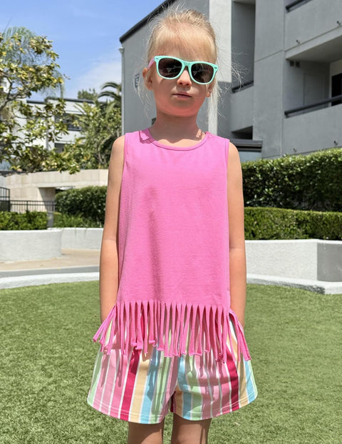 Arshiner Girls Summer Outfits Sleeveless Fringe Tank Top and Elastic Waist Pocketed Shorts Set Girl Clothes 6-14 Years