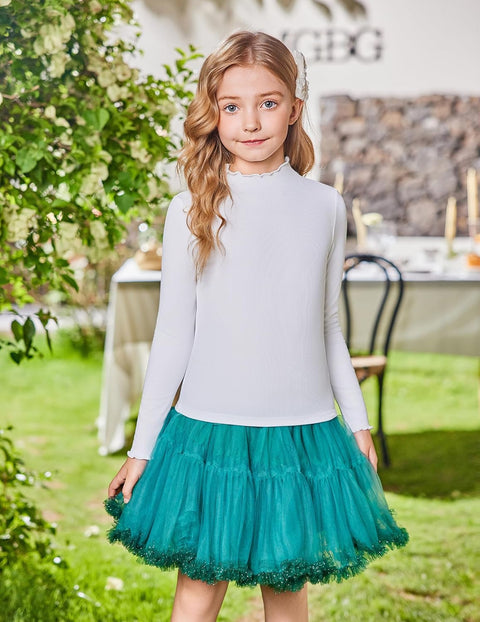 Arshiner Girls Lettuce Trim Mock Neck Ribbed Knit Tops
