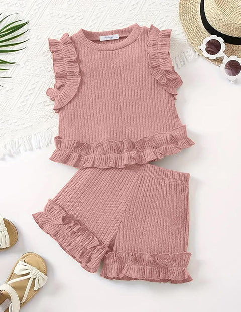 Arshiner Toddler Girls Clothes Ribbed Knit Ruffle Sleeveless Tops and Shorts with Pockets Cute Summer 2 Pieces Short Sets
