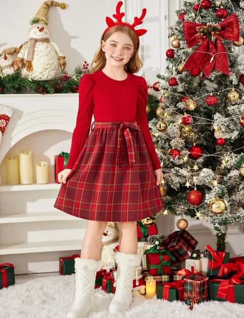 Arshiner Girls Dresses Puff Long Sleeve Rib Knit Plaid Belted Dress