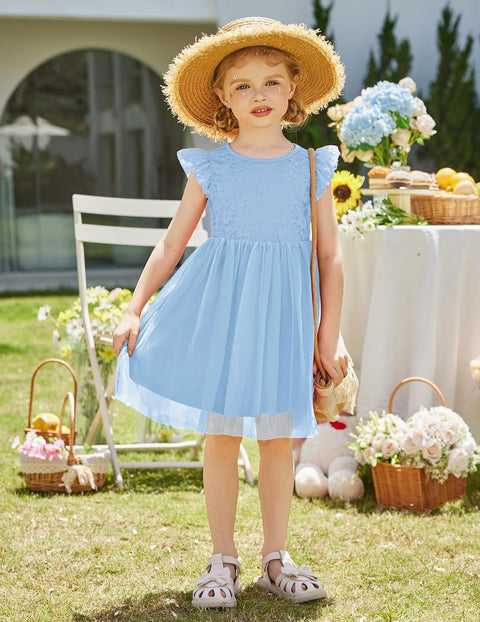 【2-8Y】Arshiner Toddler Lace Tutu Dresses Ruffle Sleeve 3 Layers Tulle Flower Dress