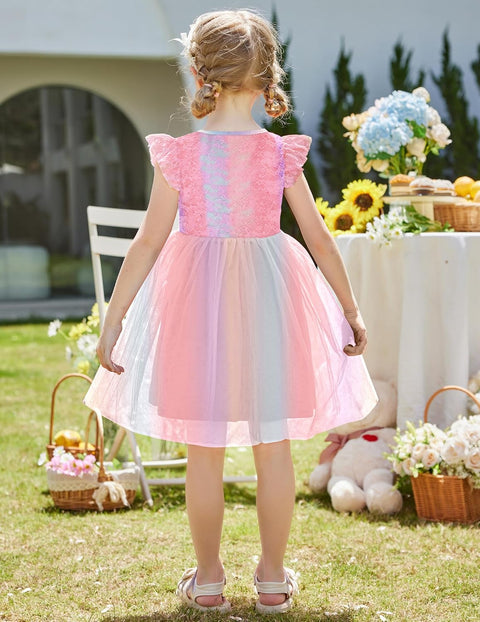 【2-8Y】Arshiner Toddler Lace Tutu Dresses Ruffle Sleeve 3 Layers Tulle Flower Dress