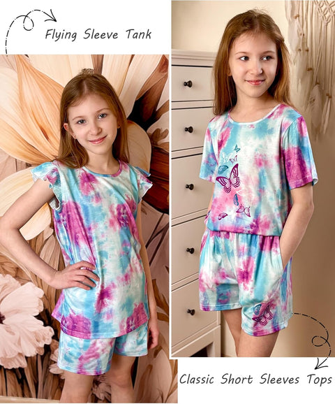 [4Y-12Y] Arshiner Girls Pajamas Set Short Sleeve Pjs 3PCS Lounge Sets