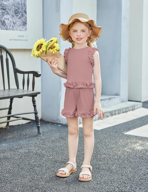 Arshiner Toddler Girls Clothes Ribbed Knit Ruffle Sleeveless Tops and Shorts with Pockets Cute Summer 2 Pieces Short Sets
