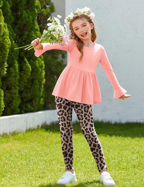 Arshiner Girls 2 Piece Set Floral Ruffle Hem Bell Sleeve Top and Leggings