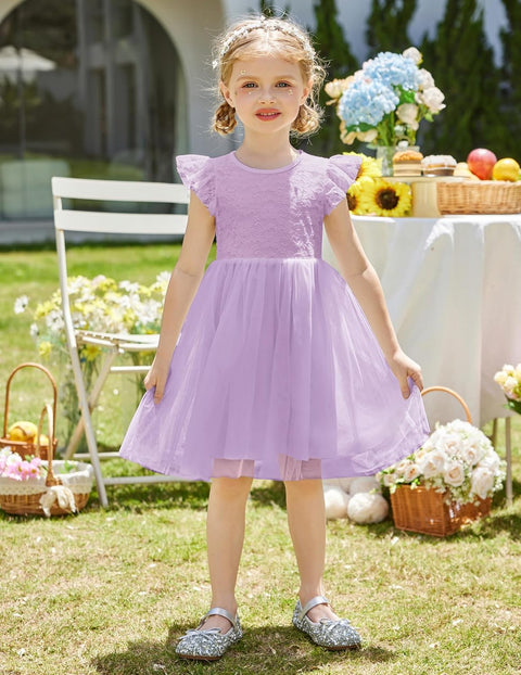 【2-8Y】Arshiner Toddler Lace Tutu Dresses Ruffle Sleeve 3 Layers Tulle Flower Dress