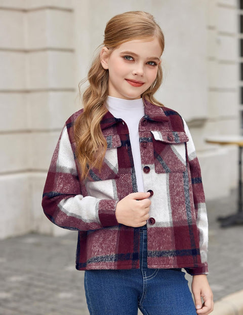 Arshiner Girls Flannel Cropped Shacket Plaid Jacket