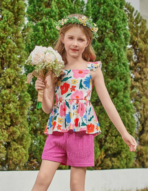 Arshiner Toddler Girl Clothes 2 Piece Summer Outfit Ruffle Sleeveless Top and Shorts Set with Pockets 2-7Y