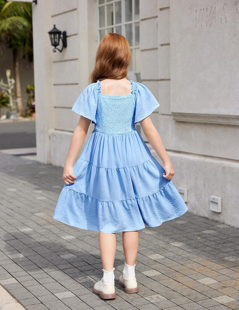 Arshiner Girls Dress Boho Smocked Swing Flowy Ruffle Midi Dresses