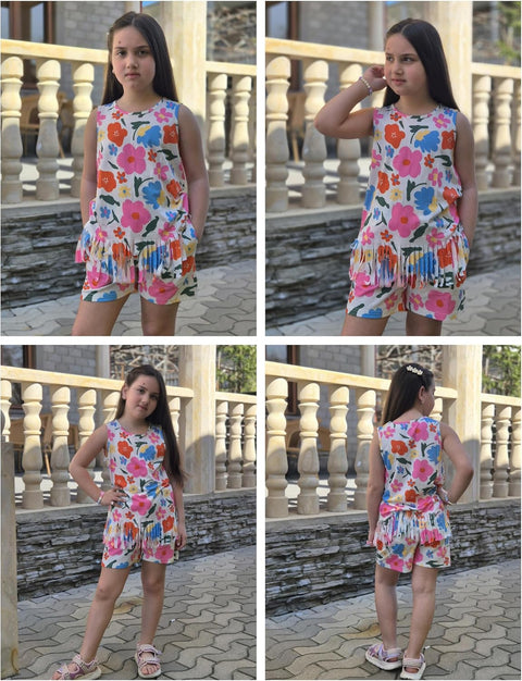 Arshiner Girls Summer Outfits Sleeveless Fringe Tank Top and Elastic Waist Pocketed Shorts Set Girl Clothes 6-14 Years