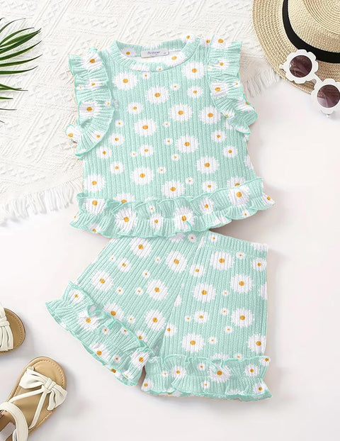 Arshiner Toddler Girls Clothes Ribbed Knit Ruffle Sleeveless Tops and Shorts with Pockets Cute Summer 2 Pieces Short Sets