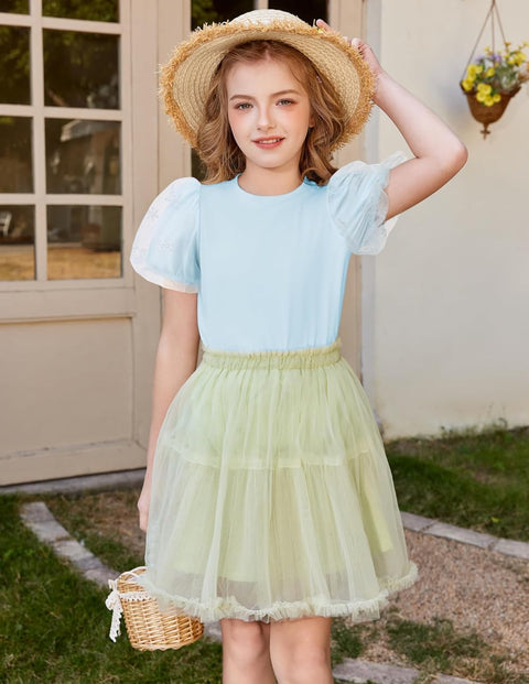 Arshiner Girls Shirts Mesh Puff Short Sleeves Tee Tops