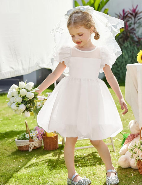 Arshiner Girls Dress Contrast Mesh Puff Flowy Bubble Hem Dresses