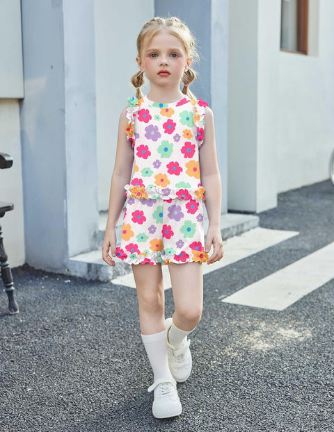 Arshiner Toddler Girls Clothes Ribbed Knit Ruffle Sleeveless Tops and Shorts with Pockets Cute Summer 2 Pieces Short Sets