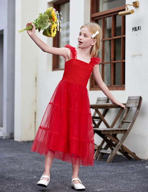 Arshiner Tween Girls Dress Ruffle Sleeve Elastic Straps Smocked Tulle Sundress