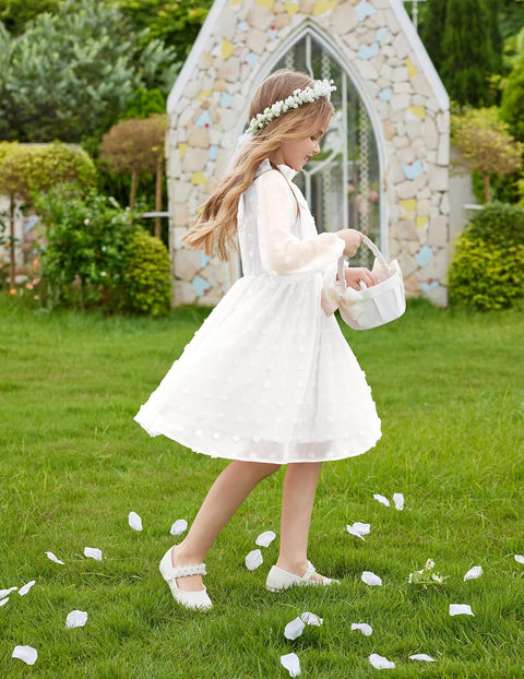 Arshiner Girls Dress Long Sleeve Swiss Dot Ruffle Collar Flowy A-Line Party Dress for Kids 5-13Y