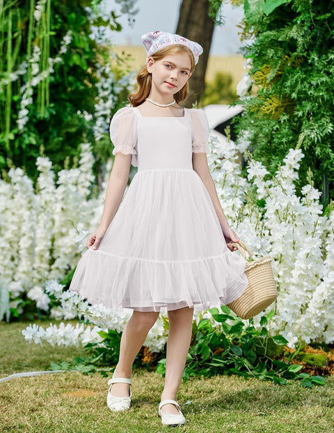 【6-16Y】Arshiner Girls Dresses Tulle Bow Tie Back Puff Sleeve Dress