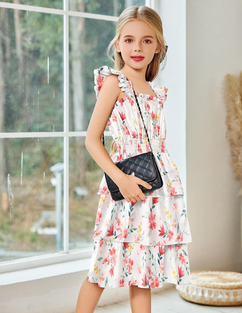 [6-14Y] Arshiner Girls Dresses Ruffle Flutter Sleeve Floral Tiered Party Dress