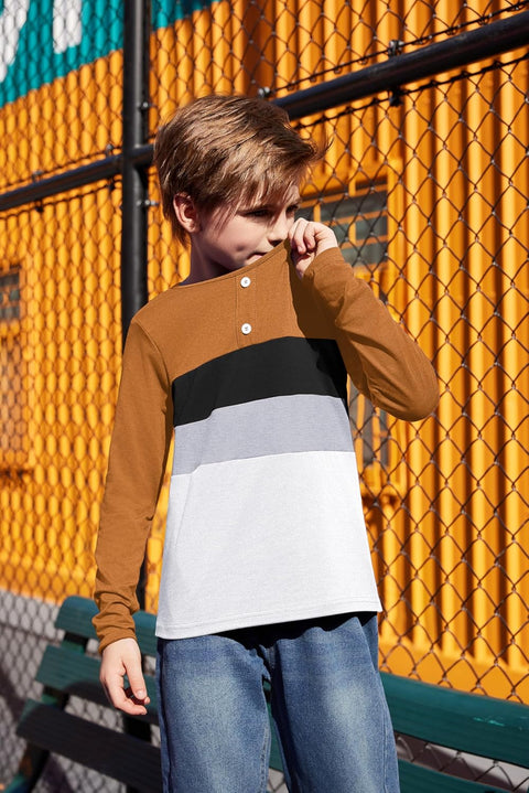 Arshiner Kids Boys Henley Shirts Cotton Long Sleeve T-Shirts Color Block Tee