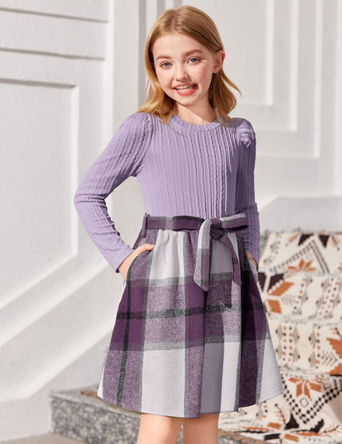 Arshiner Girls Dresses Puff Long Sleeve Rib Knit Plaid Belted Dress