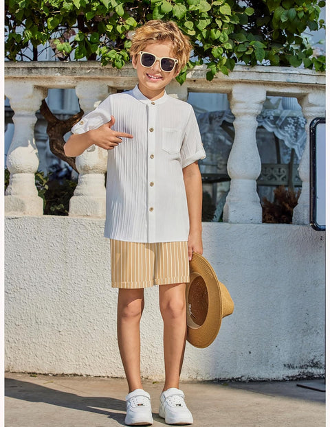 Arshiner Boy's 2 Piece Outfit Short Sleeve Textured Shirt and Short Sets