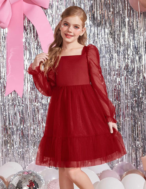 Arshiner Girls Tie Back Dress Puff Formal Party Tulle Dresses