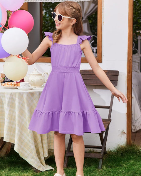 Arshiner Girls Dress Casual Flutter Sleeve Tiered Midi Sundress