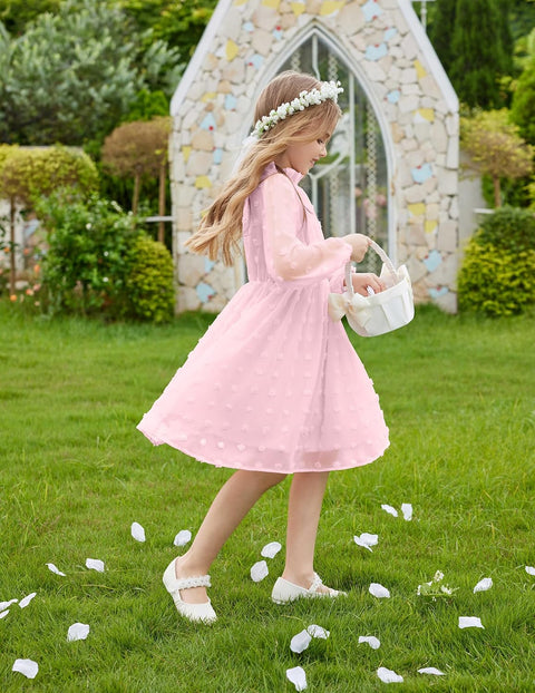 Arshiner Girls Dress Long Sleeve Swiss Dot Ruffle Collar Flowy A-Line Party Dress for Kids 5-13Y