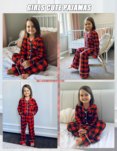 Arshiner Pajamas Set for Girls Plaid Long Sleeve Lounge Set