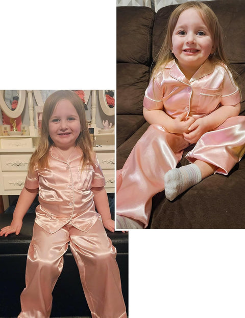 Arshiner Girls Pajamas Silk Satin Button Down Pjs 2 Piece Short Sleeve Sleepwear Set