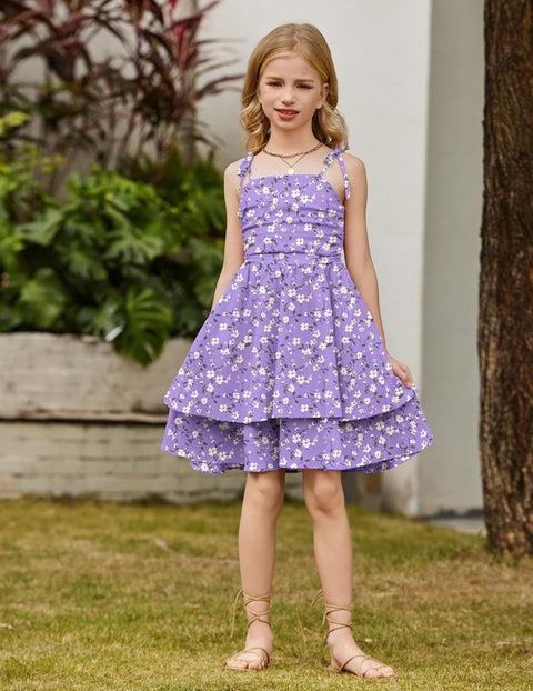 Arshiner Girls Dresses Flowy Tiered Ruched Smocked Back Midi Sundress