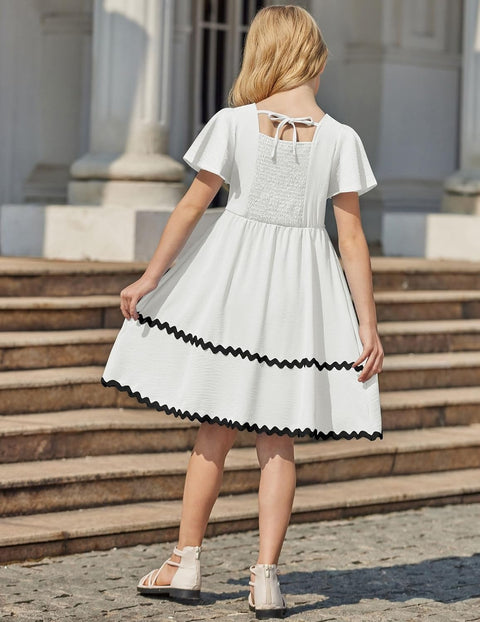 Arshiner Girls Dress Flutter RIC Rac Tiered Short Sleeve Dresses with Pockets