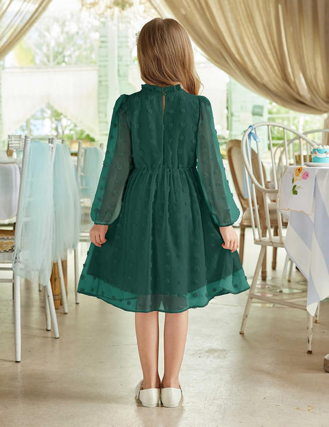 Arshiner Girls Dress Long Sleeve Swiss Dot Ruffle Collar Flowy A-Line Party Dress for Kids 5-13Y