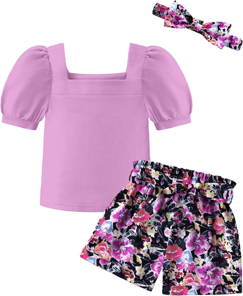 【 2-8Y】Arshiner Toddler Girl Puff Sleeve Tops + Shorts + Headband 3pcs Sets
