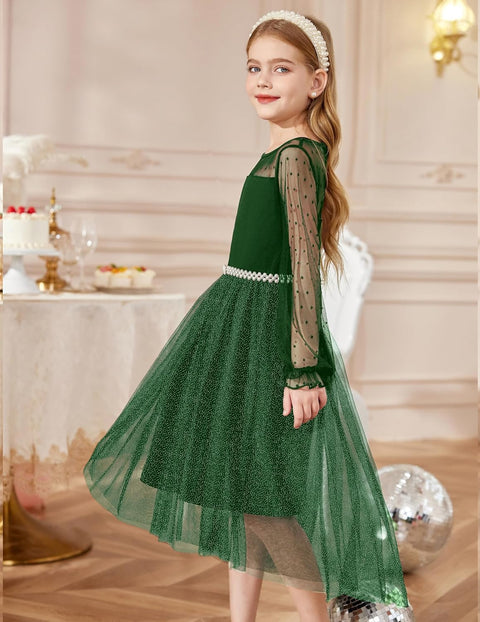 Arshiner Girls Dresses Contrast Mesh Long Sleeve Twirly Formal Dress