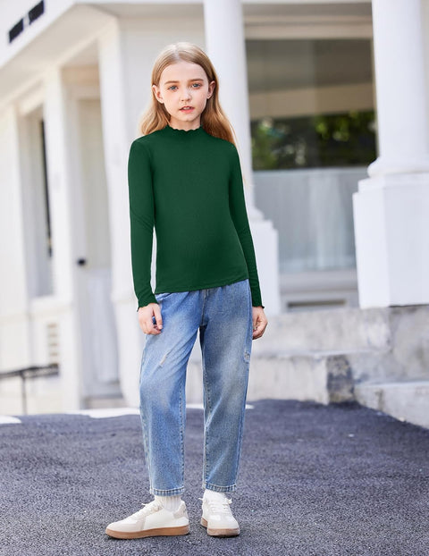 Arshiner Girls Lettuce Trim Mock Neck Ribbed Knit Tops