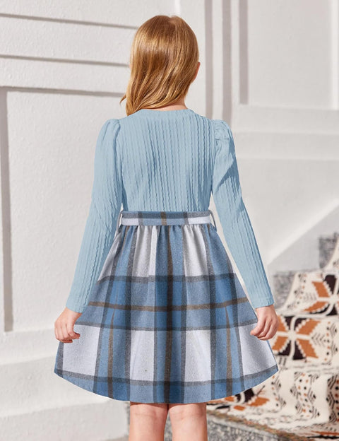 Arshiner Girls Dresses Puff Long Sleeve Rib Knit Plaid Belted Dress